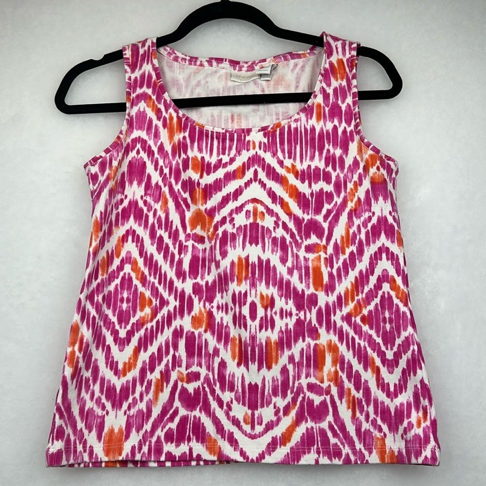 CHICO’S WOMEN'S PINK ORANGE/WHITE GEOMETRIC PRINT SLEEVELESS TOP SIZE 0 (S)